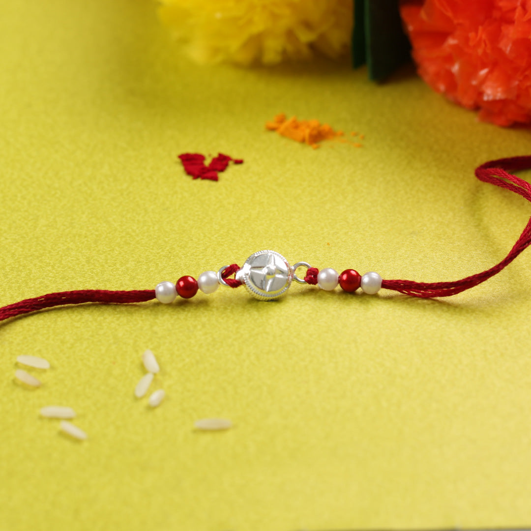 925 Silver Rakhi with Red & White Beads