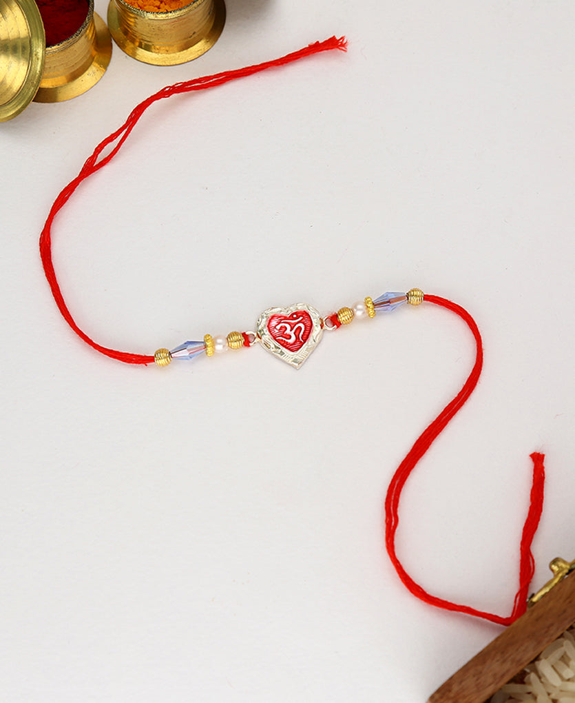 Om Silver Rakhi Bracelet Red