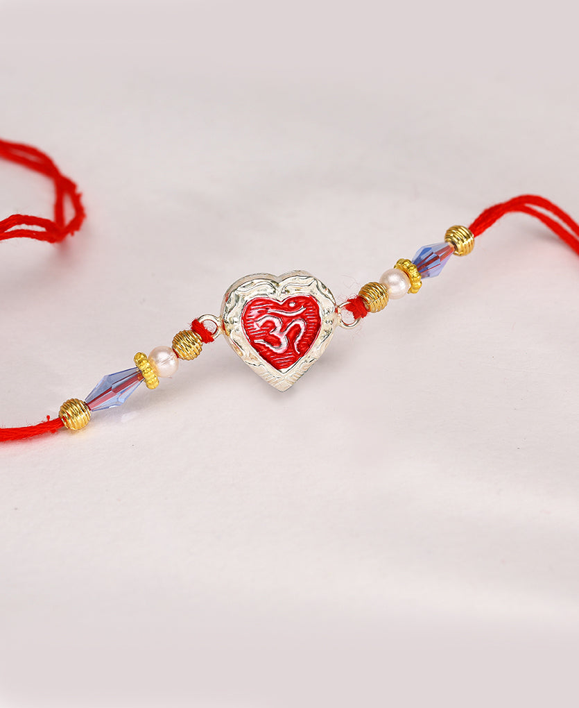 Om Silver Rakhi Bracelet Red