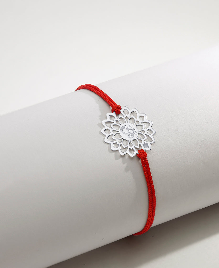 Floral Om Silver Rakhi Bracelet