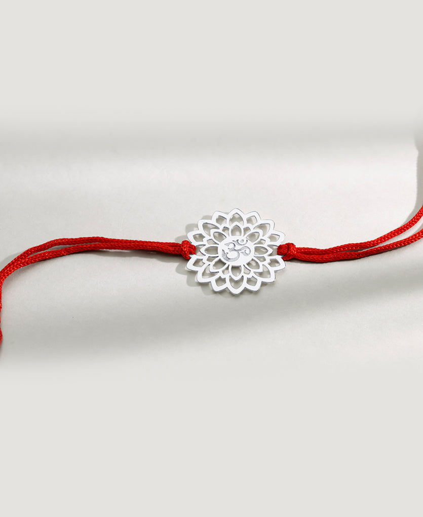 Floral Om Silver Rakhi Bracelet